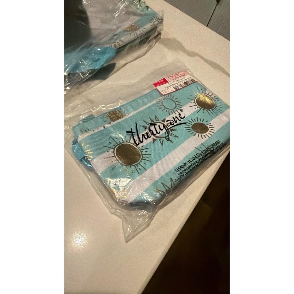 Thirty-One Bag Bundle Central Storage Tote + Clip Pouch Teal Gold White NWT - Picture 9 of 9